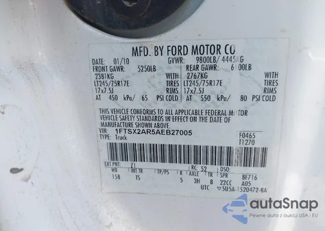 2010 Ford F-250 Lariat/Xl/Xlt z USA, uszkodzony, nr VIN 1FTSX2AR5AEB27005